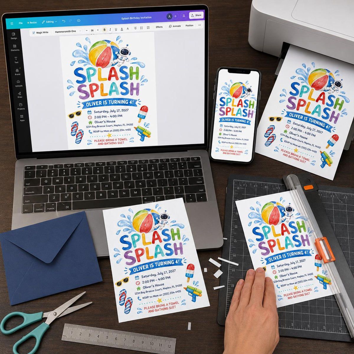 Pool Party 4th Birthday Invitation: Splish Splash 4th Birthday — digital invitation, instant download