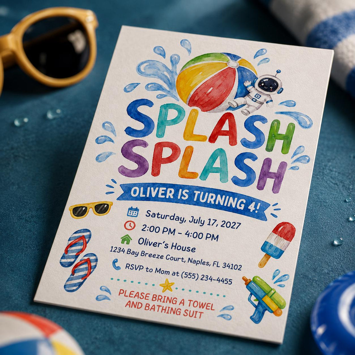 Pool Party 4th Birthday Invitation: Splish Splash 4th Birthday — 4th birthday party stationery by VoltBy