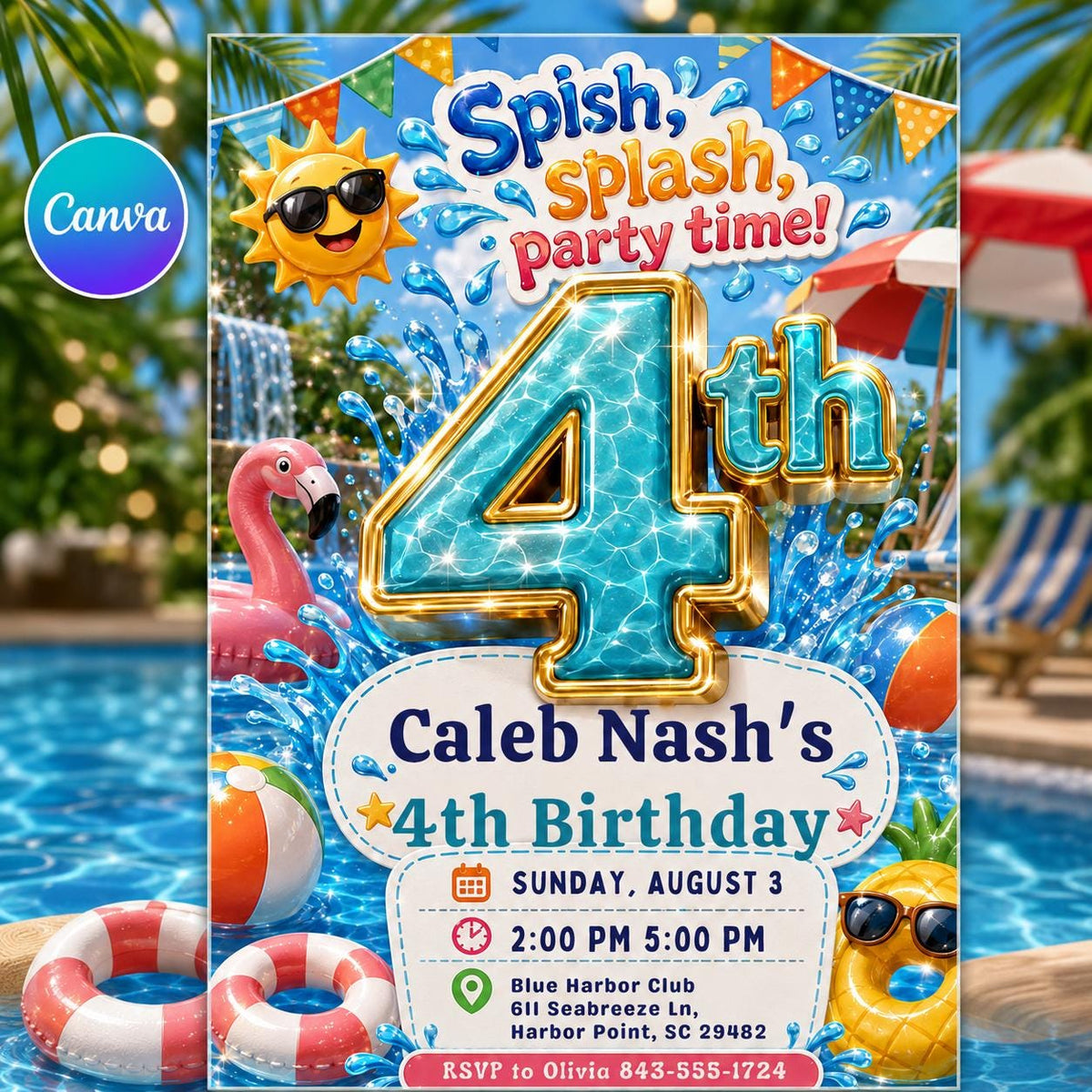 Pool Party 4th Birthday Invitation: Summer Swim — editable Canva template