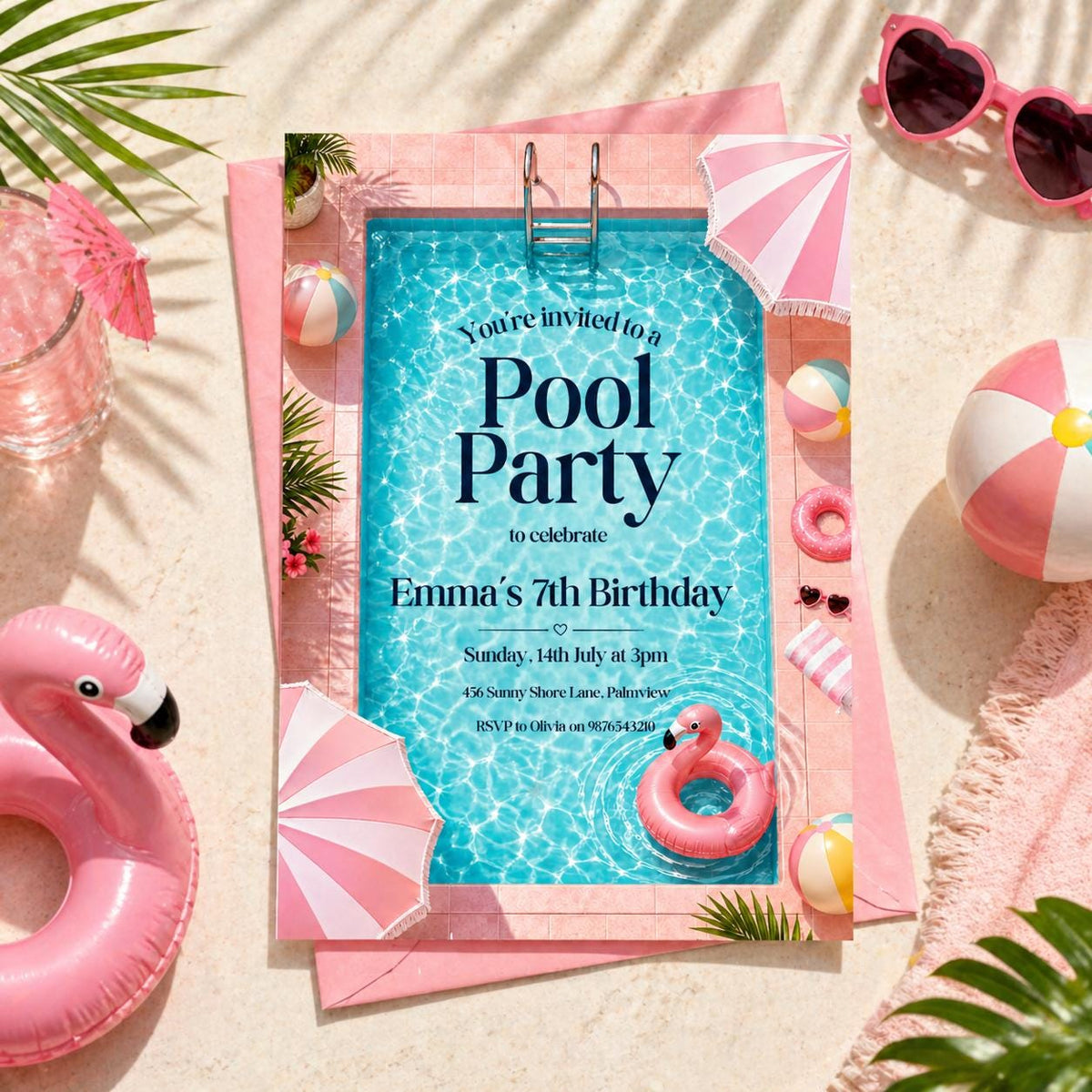 Pool Party 7th Birthday Invitation with Pink Striped Border — print-ready 7th birthday party design from VoltBy