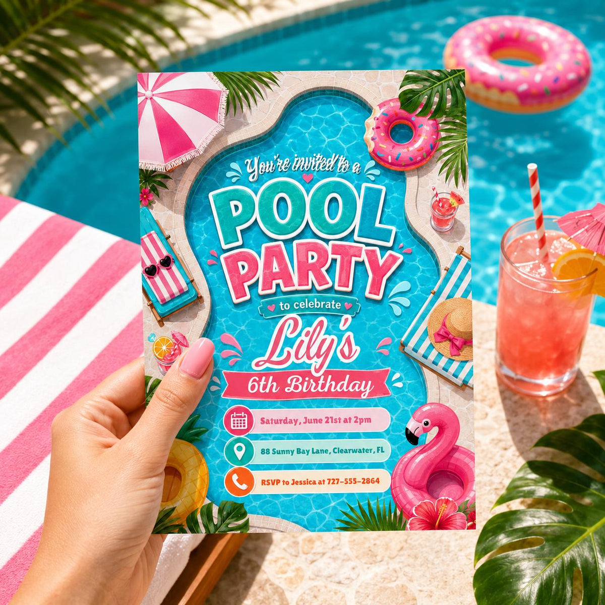 Pool-Shaped 6th Birthday Invitation with Tropical Border — print-ready 6th birthday party design from VoltBy