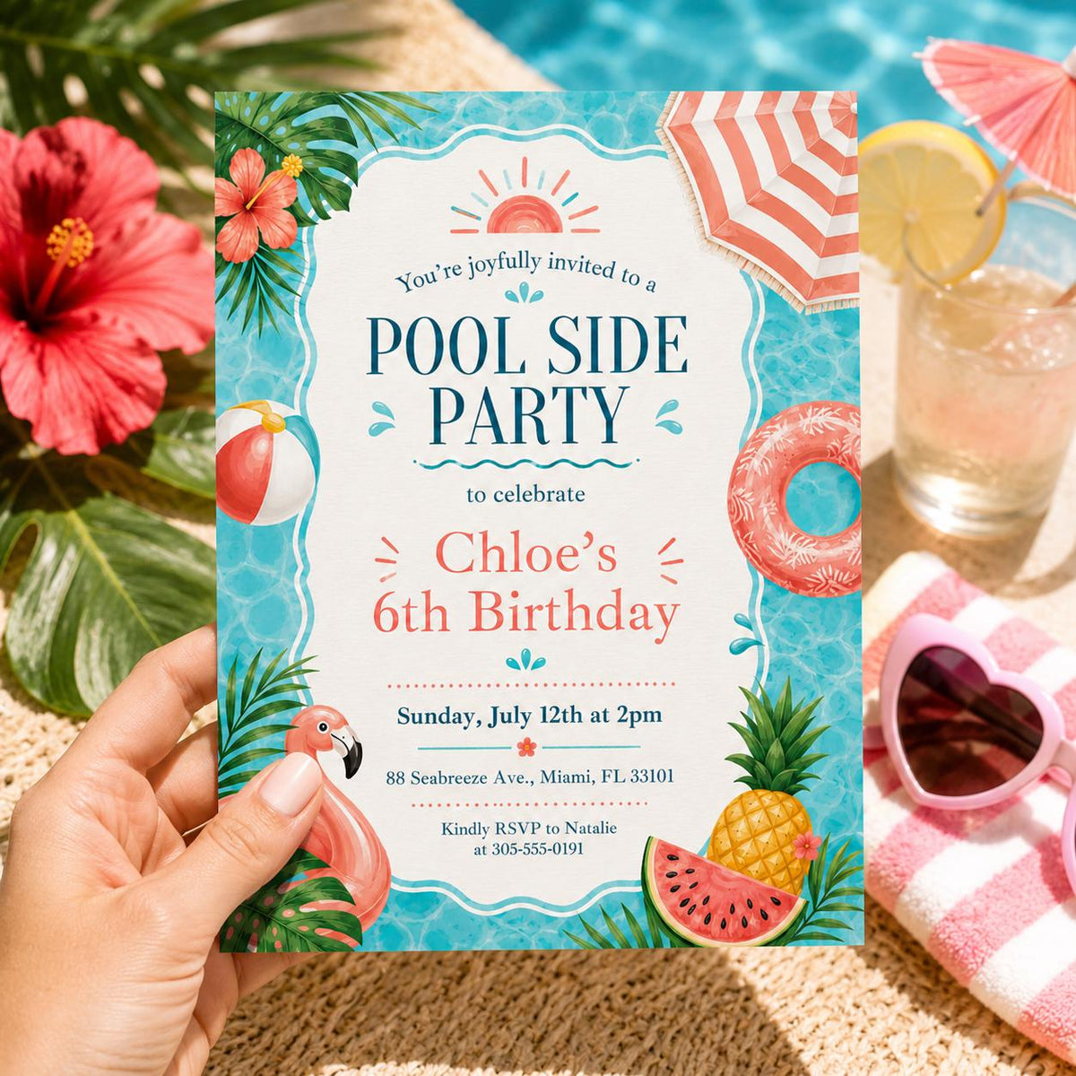 Poolside 6th Birthday Invitation with Flamingo and Watermelon — print-ready 6th birthday party design from VoltBy