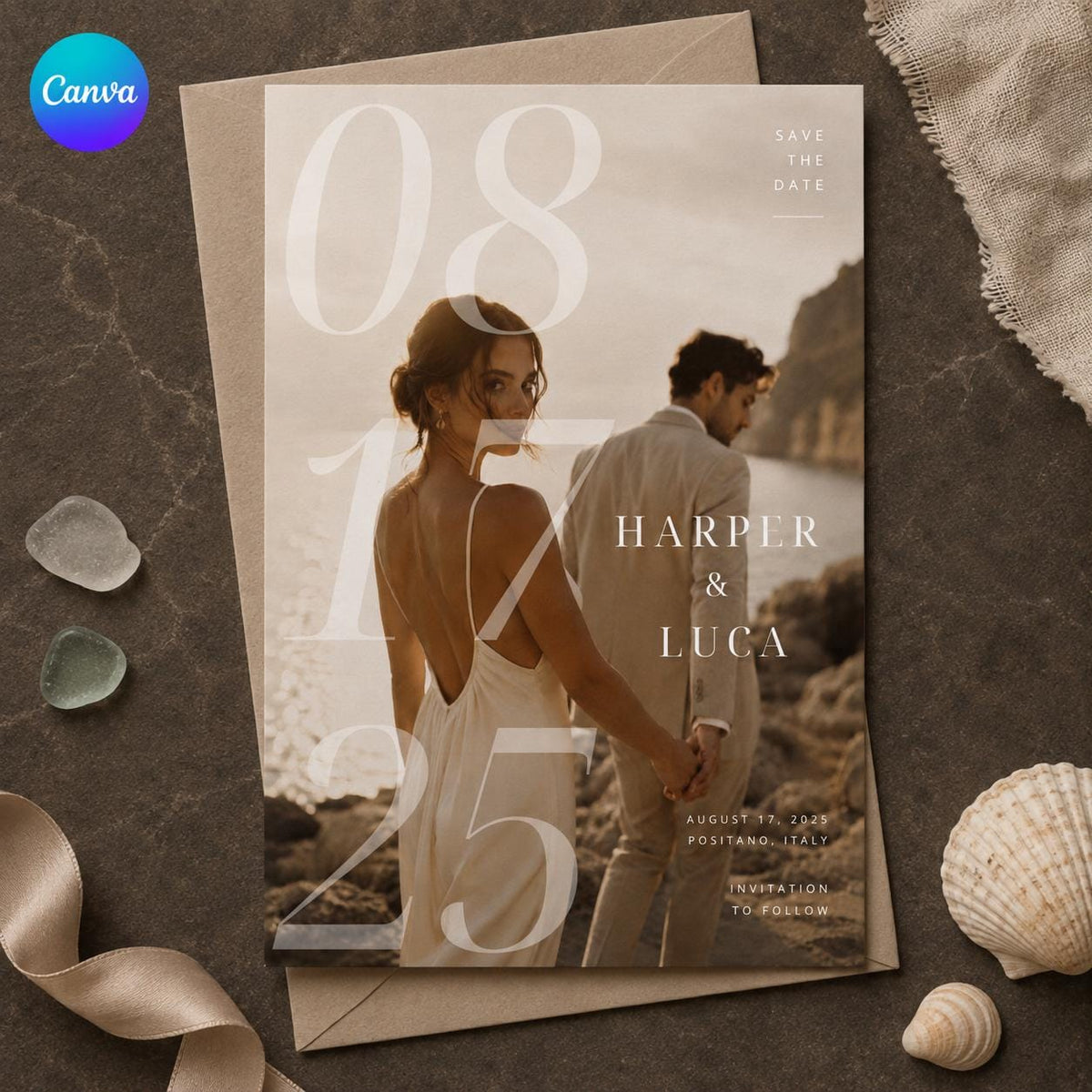 Positano Wedding Photo Save the Date — editable Canva template