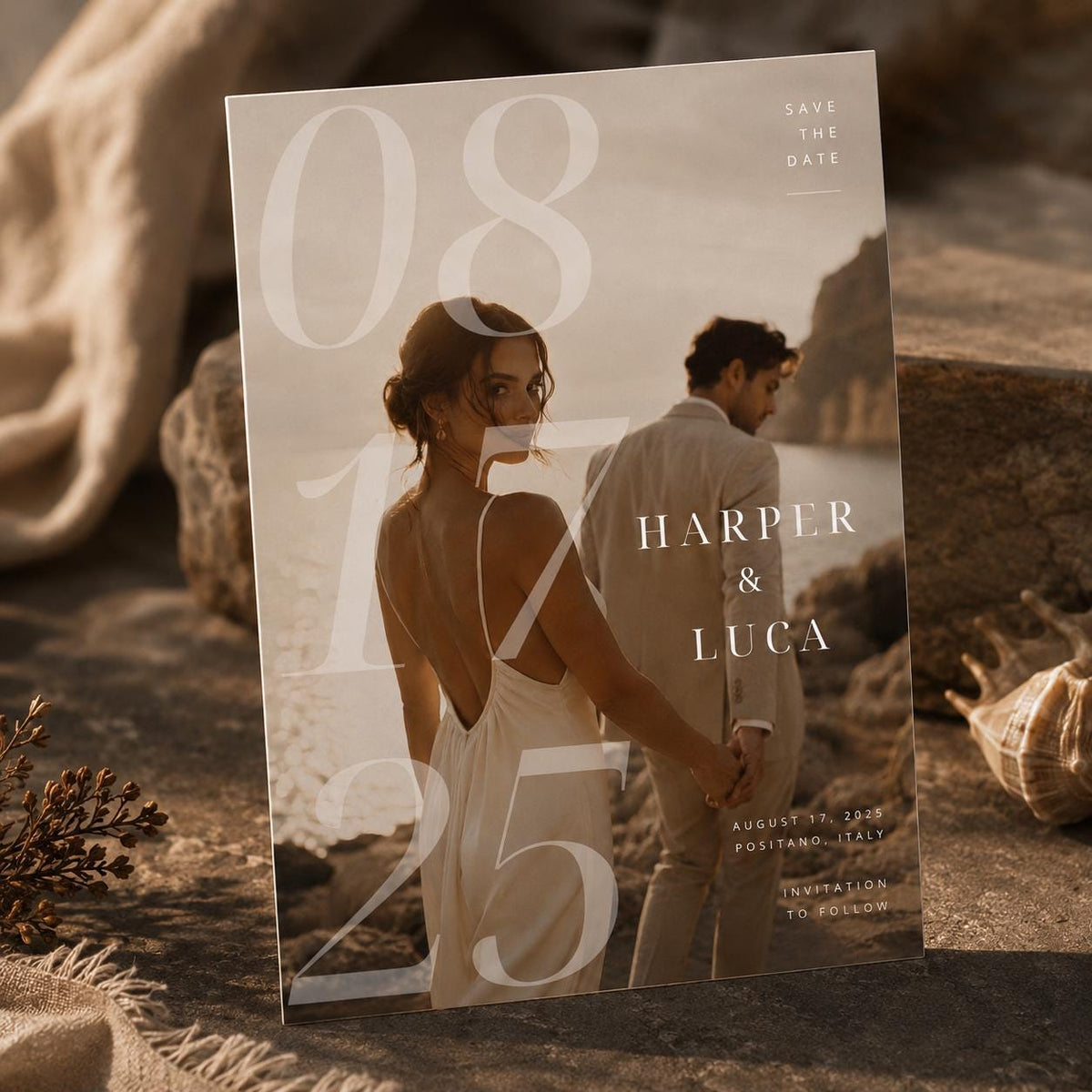 Positano Wedding Photo Save the Date — beach artwork in brown and cream
