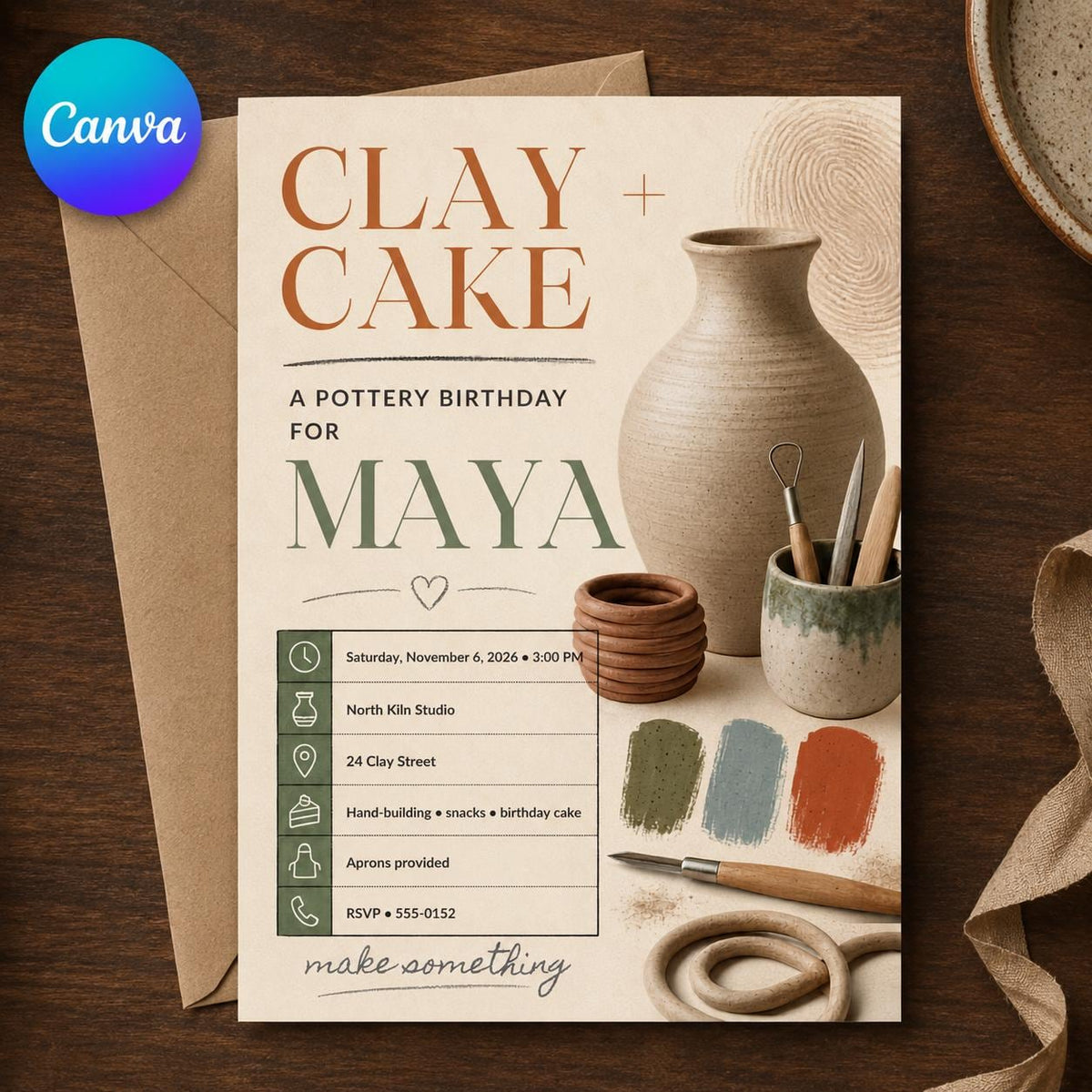 Pottery Birthday Invitation — editable Canva template