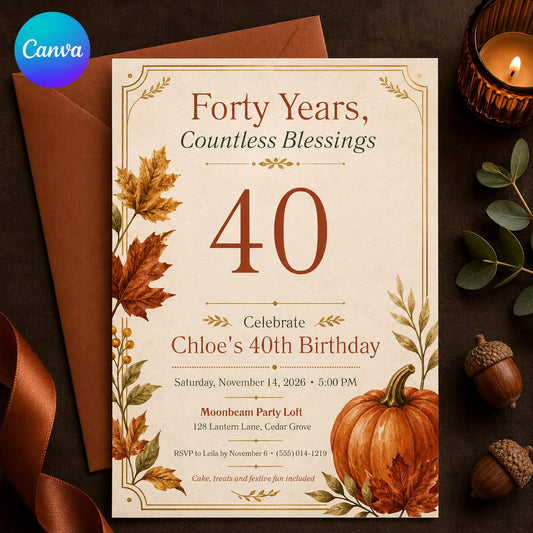 Pumpkin 40th Birthday Invitation — editable Canva template