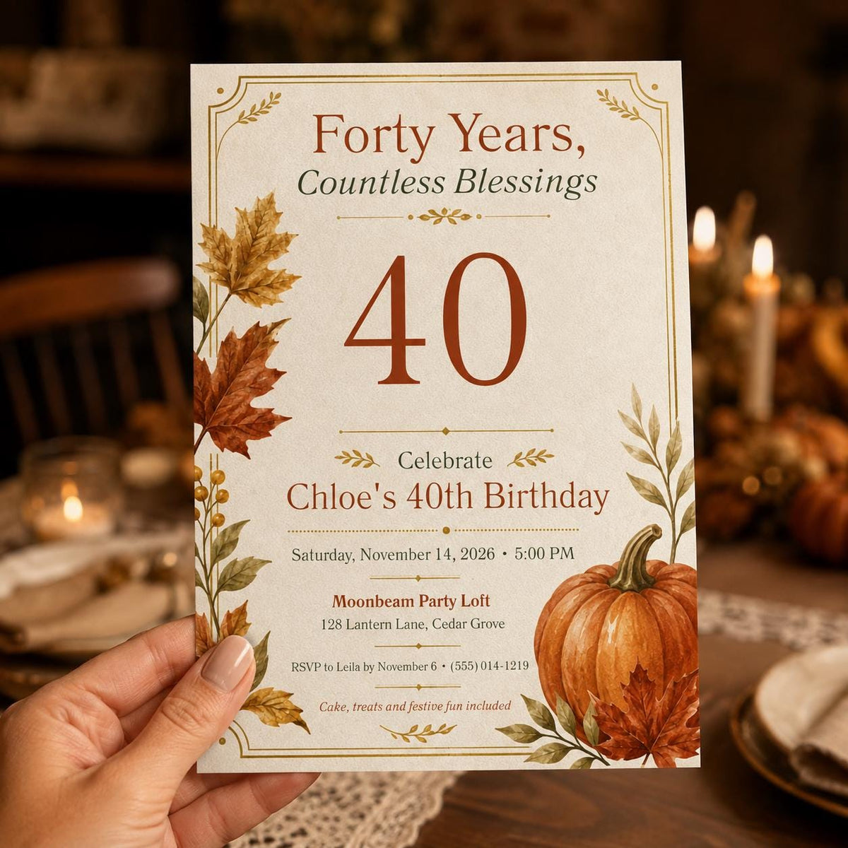 Pumpkin 40th Birthday Invitation — print-ready 40th birthday party design from VoltBy