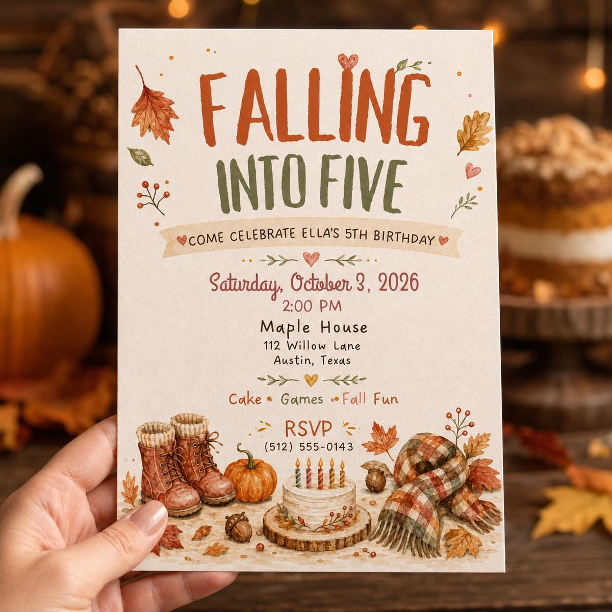 Pumpkin 5th Birthday Invitation Fall — print-ready 5th birthday party design from VoltBy
