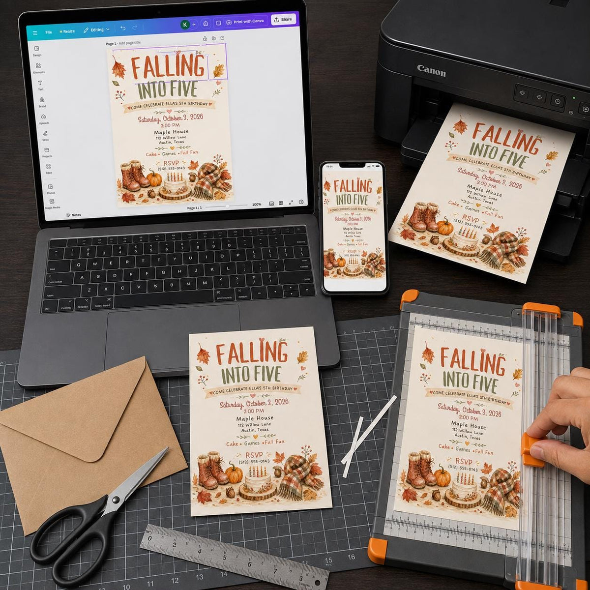 Pumpkin 5th Birthday Invitation Fall — digital invitation, instant download