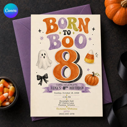 Pumpkin 8th Birthday Halloween Invitation — editable Canva template