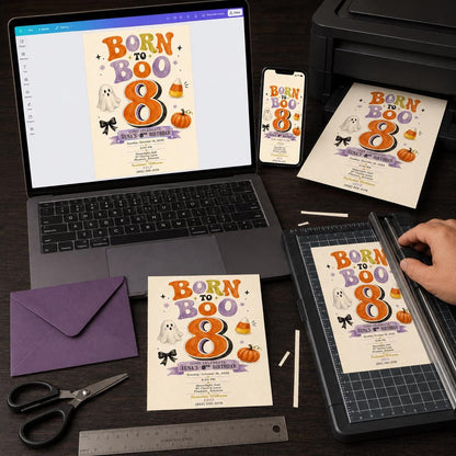 Pumpkin 8th Birthday Halloween Invitation — print-ready 8th birthday party design from VoltBy