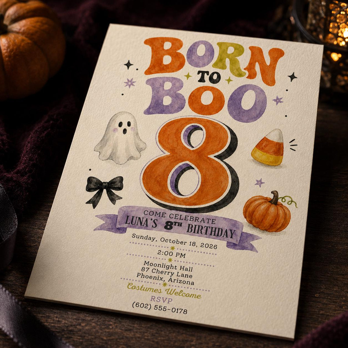 Pumpkin 8th Birthday Halloween Invitation — digital invitation, instant download