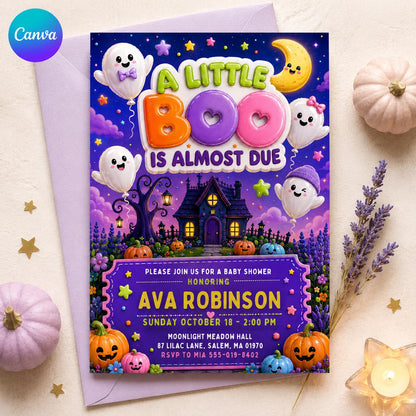 Pumpkin A Little Boo Baby Shower Invitation — editable Canva template
