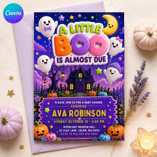 Pumpkin A Little Boo Baby Shower Invitation — editable Canva template