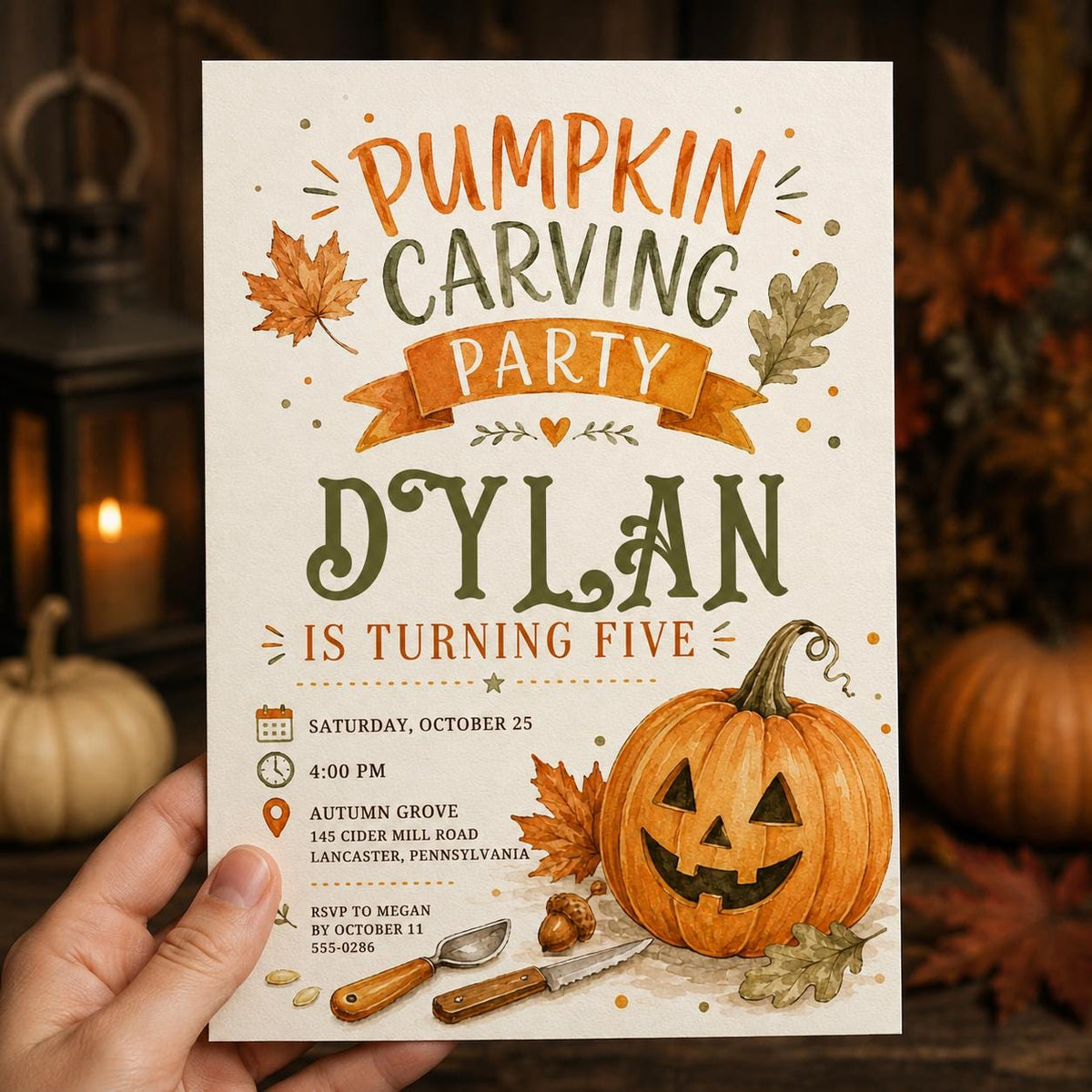 Pumpkin Carving Party Invitation: 5th Birthday Fall Party — print-ready 5th birthday party design from VoltBy