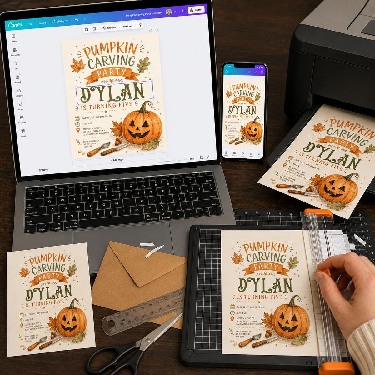 Pumpkin Carving Party Invitation: 5th Birthday Fall Party — digital invitation, instant download