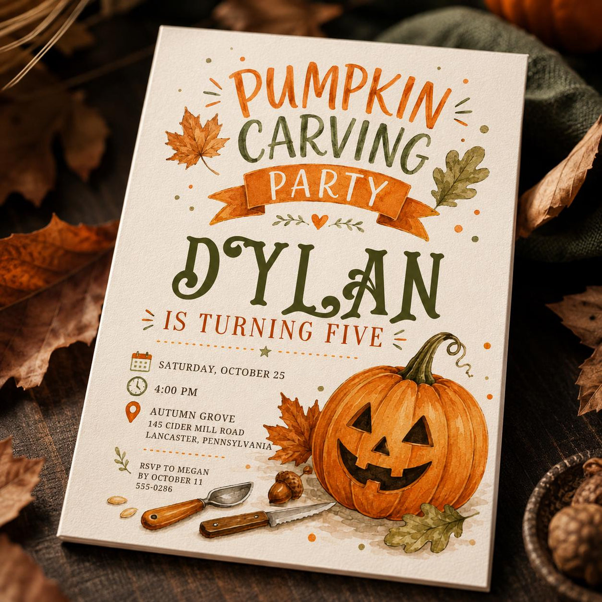 Pumpkin Carving Party Invitation: 5th Birthday Fall Party — 5th birthday party stationery by VoltBy