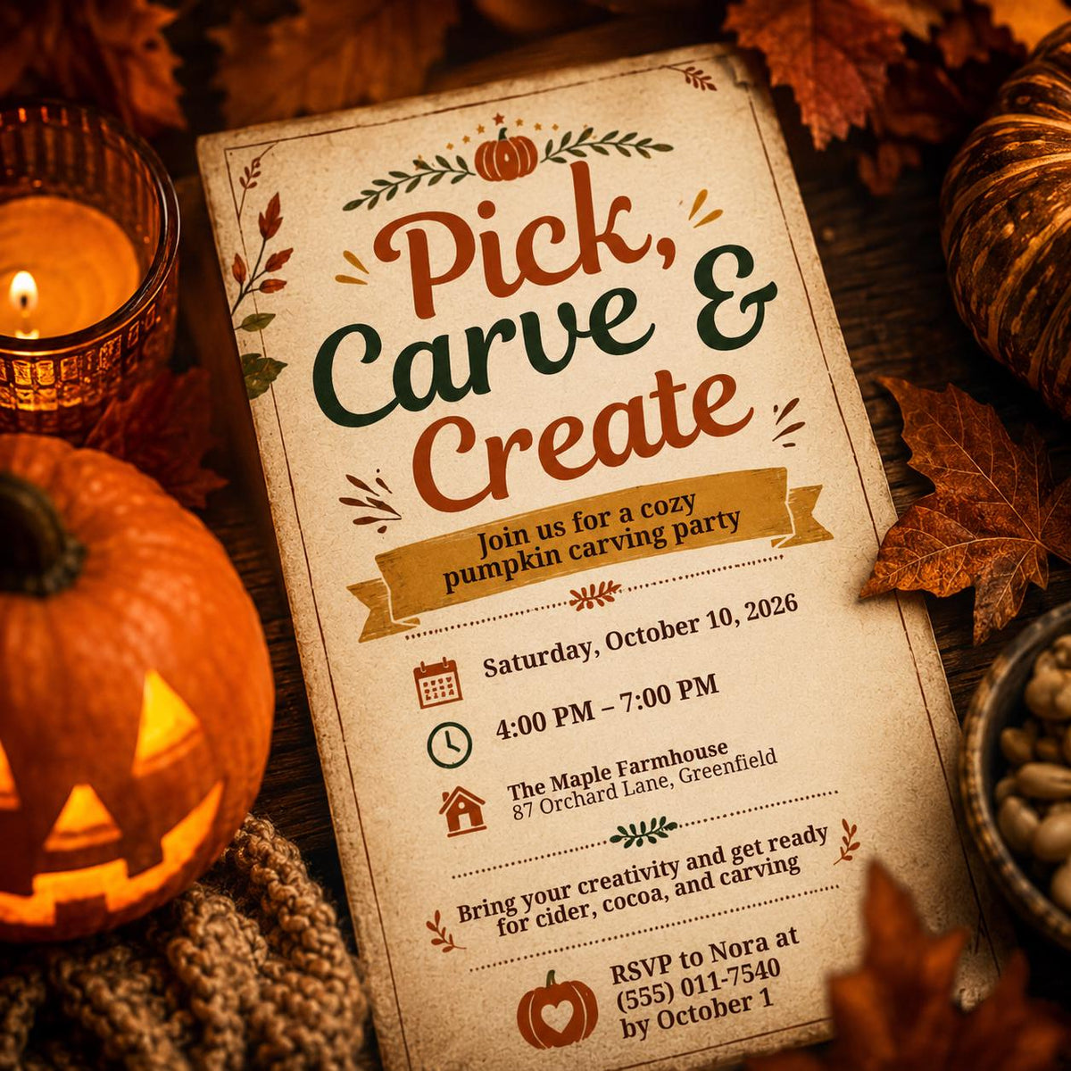 Pumpkin Carving Party Invitation: Fall Autumn — print-ready Halloween party design from VoltBy