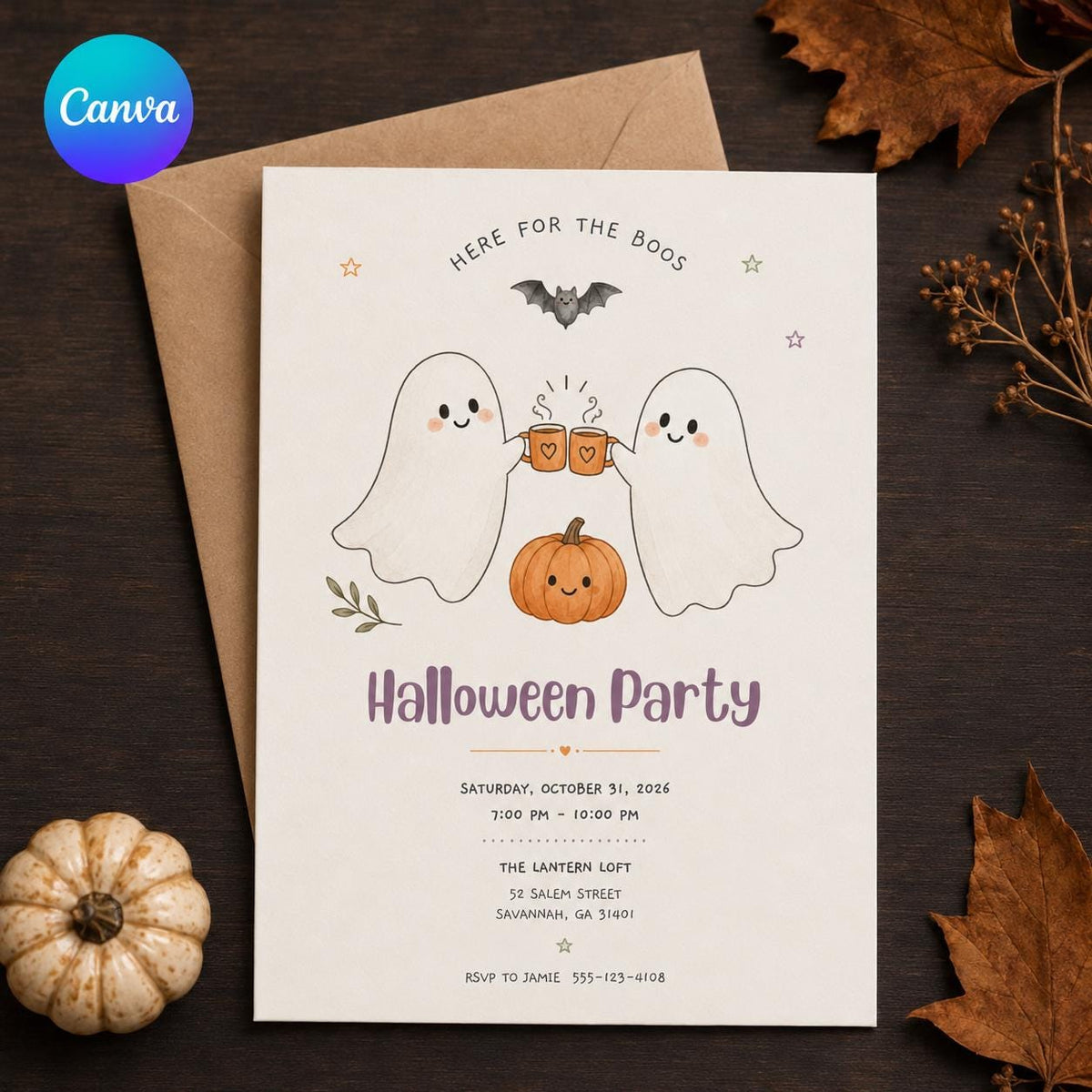 Pumpkin Cute Ghost Halloween Party Invitation — editable Canva template