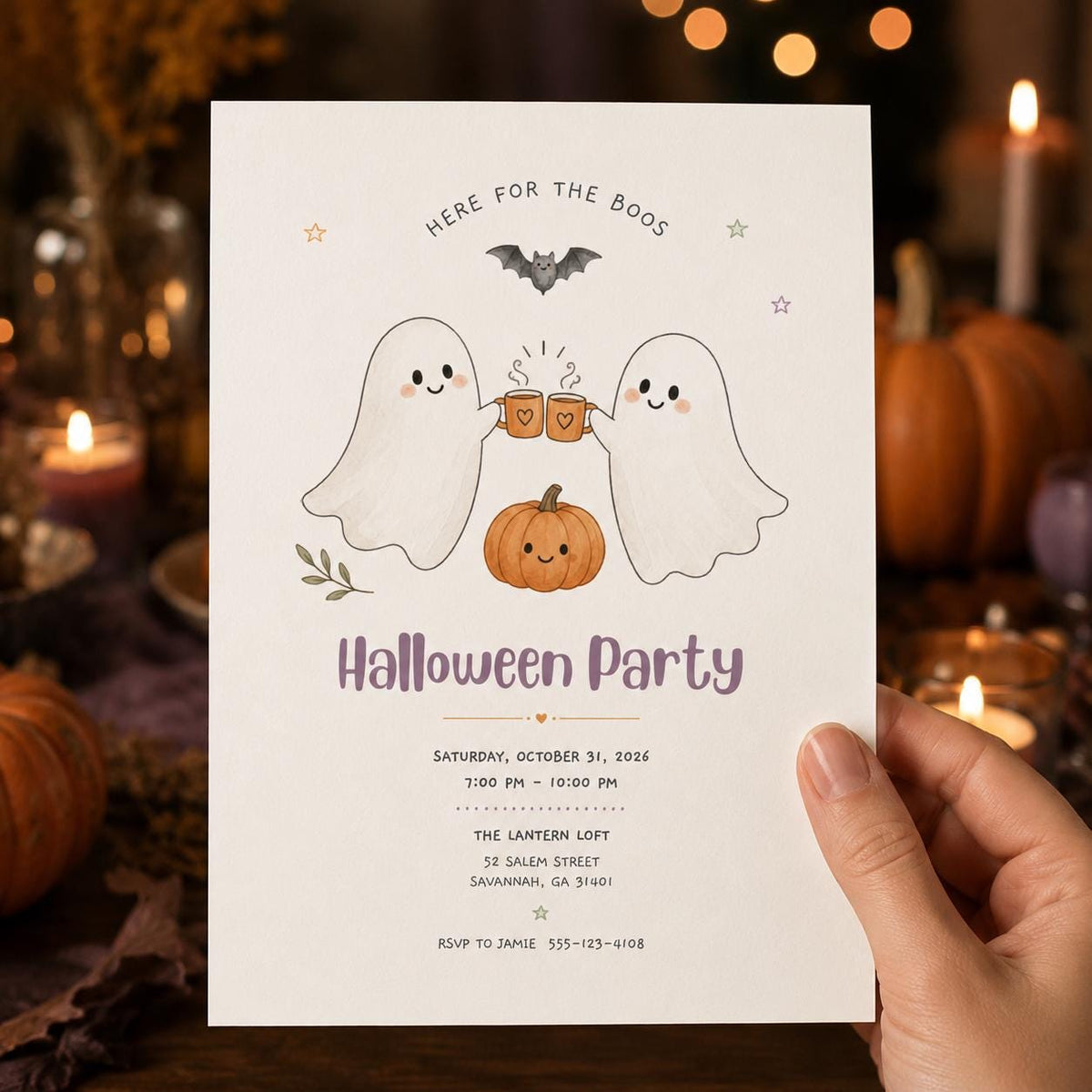Pumpkin Cute Ghost Halloween Party Invitation — print-ready Halloween party design from VoltBy