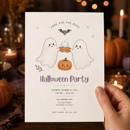 Pumpkin Cute Ghost Halloween Party Invitation — print-ready Halloween party design from VoltBy