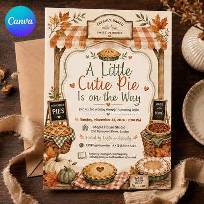 Pumpkin Cutie Pie Baby Shower Invitation — editable Canva template