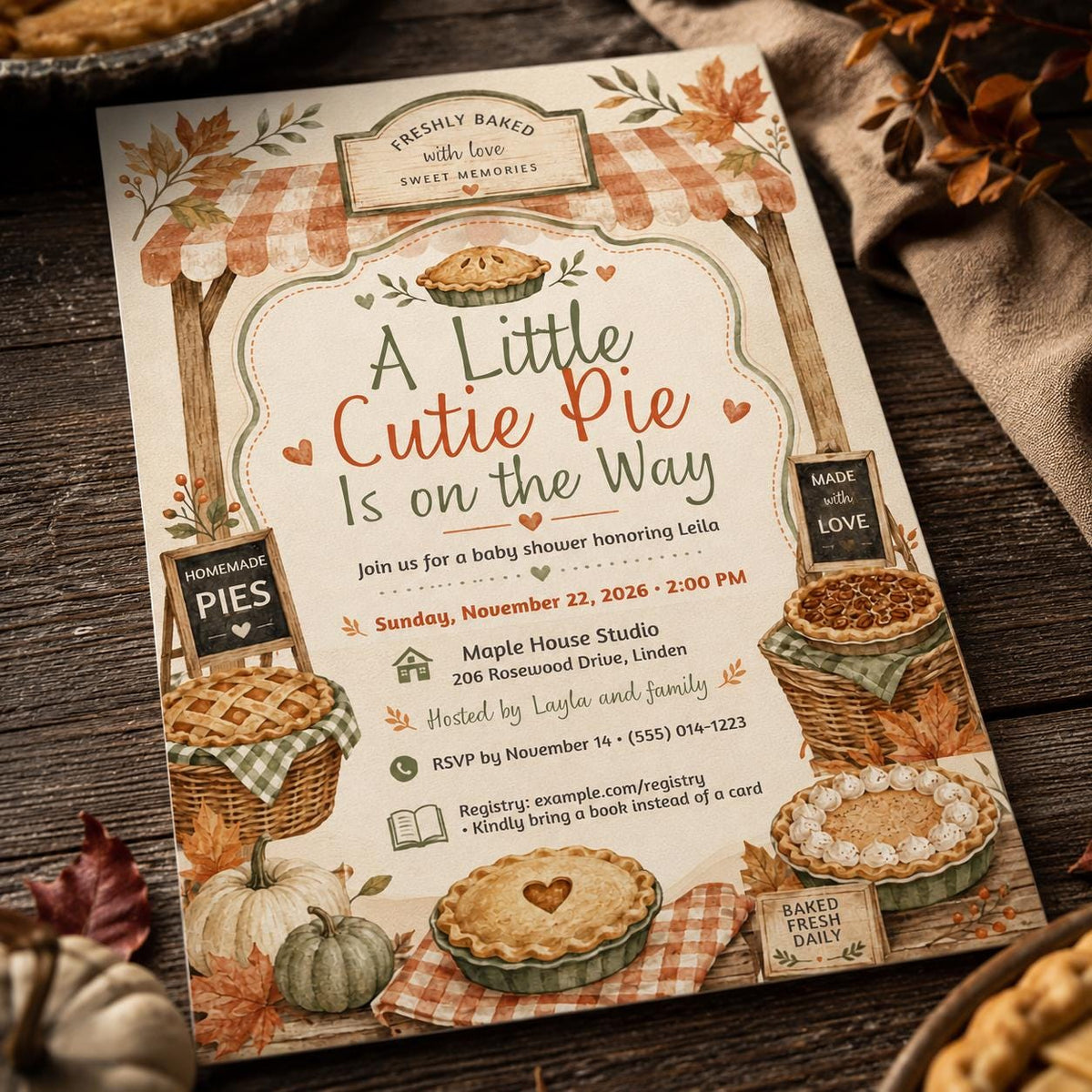 Pumpkin Cutie Pie Baby Shower Invitation — invitation you personalize in Canva