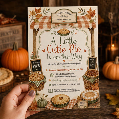 Pumpkin Cutie Pie Baby Shower Invitation — print-ready baby shower design from VoltBy
