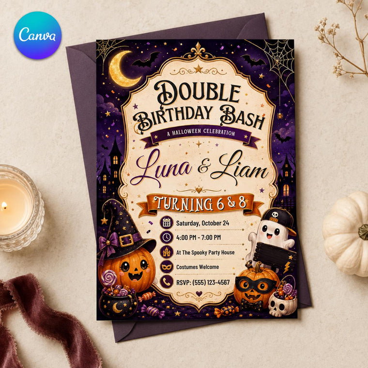 Pumpkin Double Halloween Birthday Invitation: Cute Joint Sibling Party