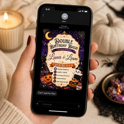 Pumpkin Double Halloween Birthday Invitation: Cute Joint Sibling Party — ghost design