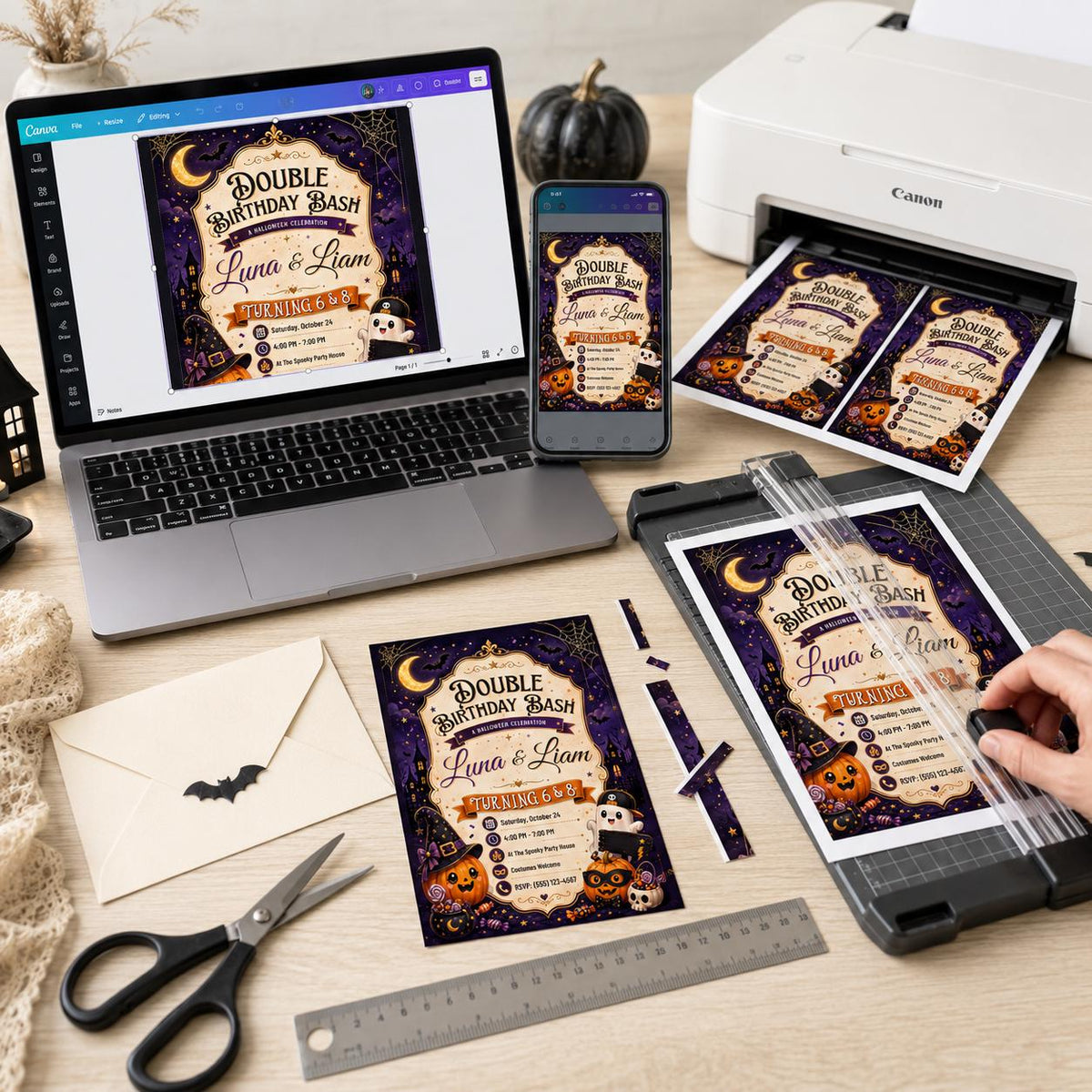 Pumpkin Double Halloween Birthday Invitation: Cute Joint Sibling Party — print-ready birthday party design from VoltBy