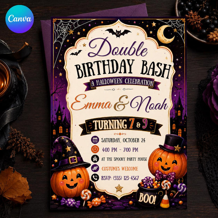 Pumpkin Double Halloween Birthday Invitation: Joint Sibling Costume Party