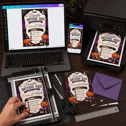 Pumpkin Double Halloween Birthday Invitation: Joint Sibling Costume Party — invitation you personalize in Canva