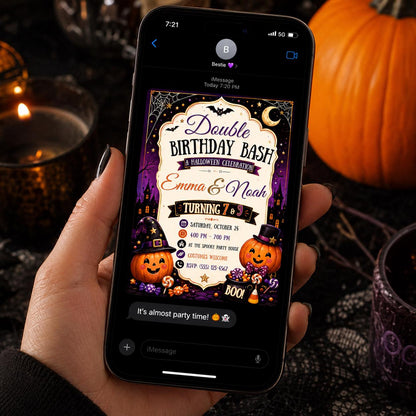 Pumpkin Double Halloween Birthday Invitation: Joint Sibling Costume Party — digital invitation, instant download