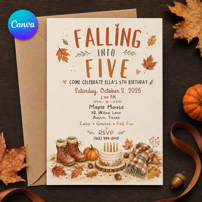 Pumpkin Fall Into Five Birthday Invitation — editable Canva template