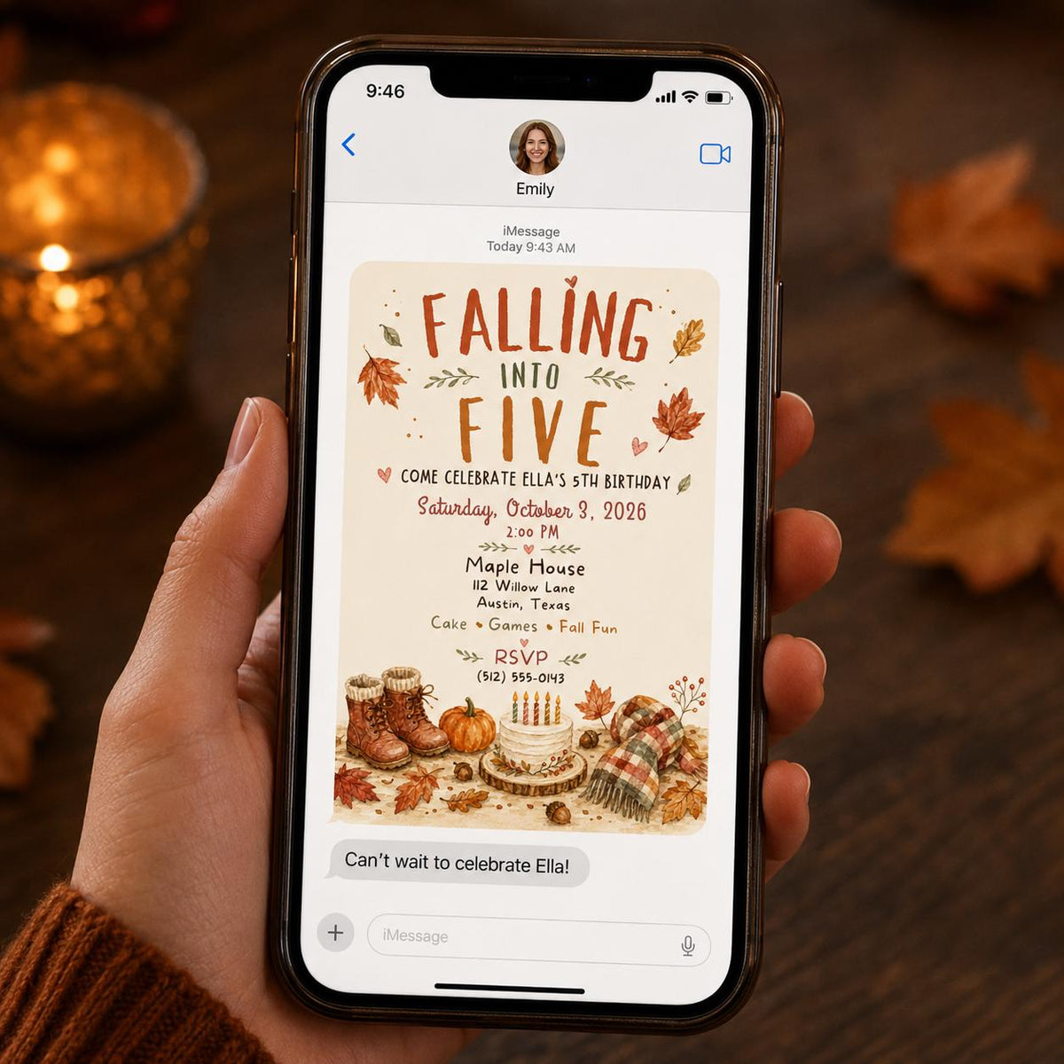 Pumpkin Fall Into Five Birthday Invitation — leaf design