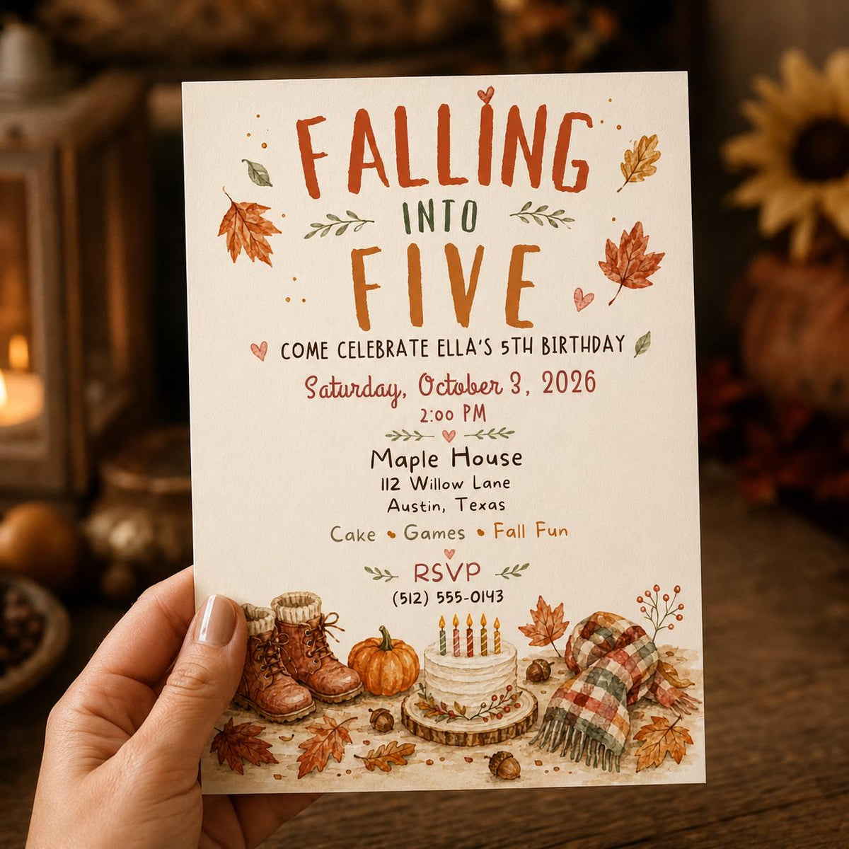 Pumpkin Fall Into Five Birthday Invitation — invitation you personalize in Canva