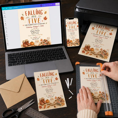 Pumpkin Fall Into Five Birthday Invitation — print-ready 5th birthday party design from VoltBy
