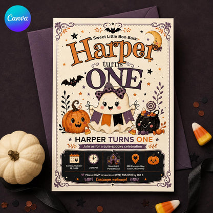 Pumpkin Halloween 1st Birthday Invitation for Girls — editable Canva template