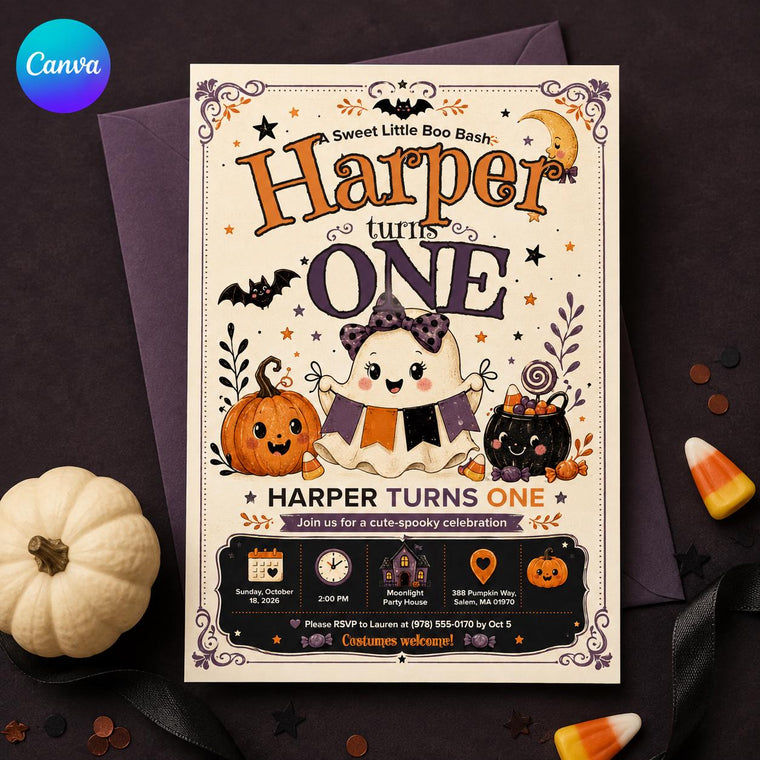 Pumpkin Halloween 1st Birthday Invitation for Girls