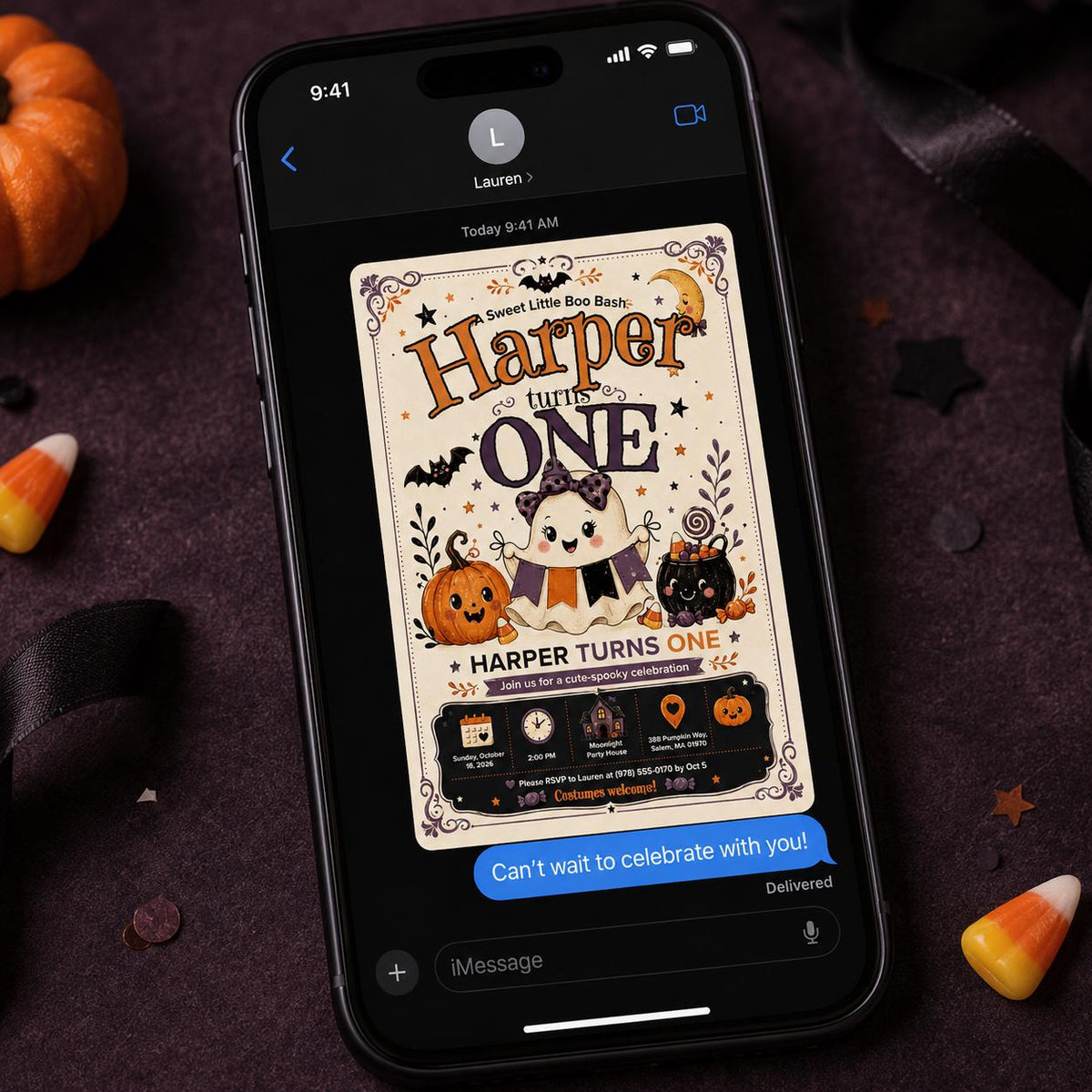 Pumpkin Halloween 1st Birthday Invitation for Girls — ghost design