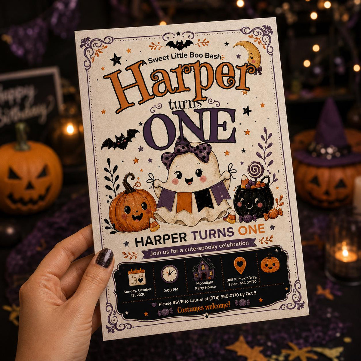 Pumpkin Halloween 1st Birthday Invitation for Girls — invitation you personalize in Canva