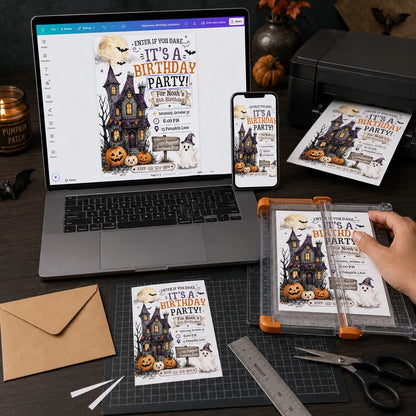 Pumpkin Halloween 8th Birthday Invitation — ghost and haunted house design