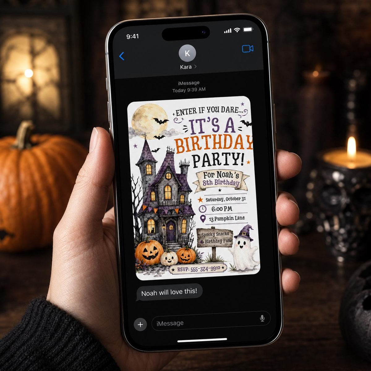 Pumpkin Halloween 8th Birthday Invitation — print-ready 8th birthday party design from VoltBy