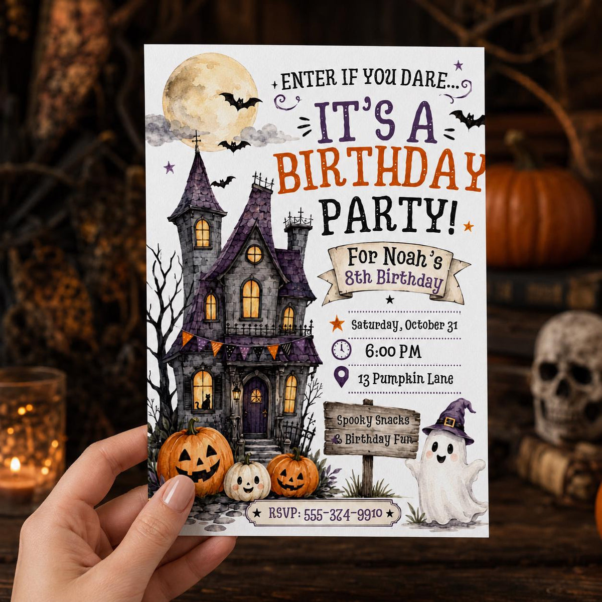 Pumpkin Halloween 8th Birthday Invitation — digital invitation, instant download