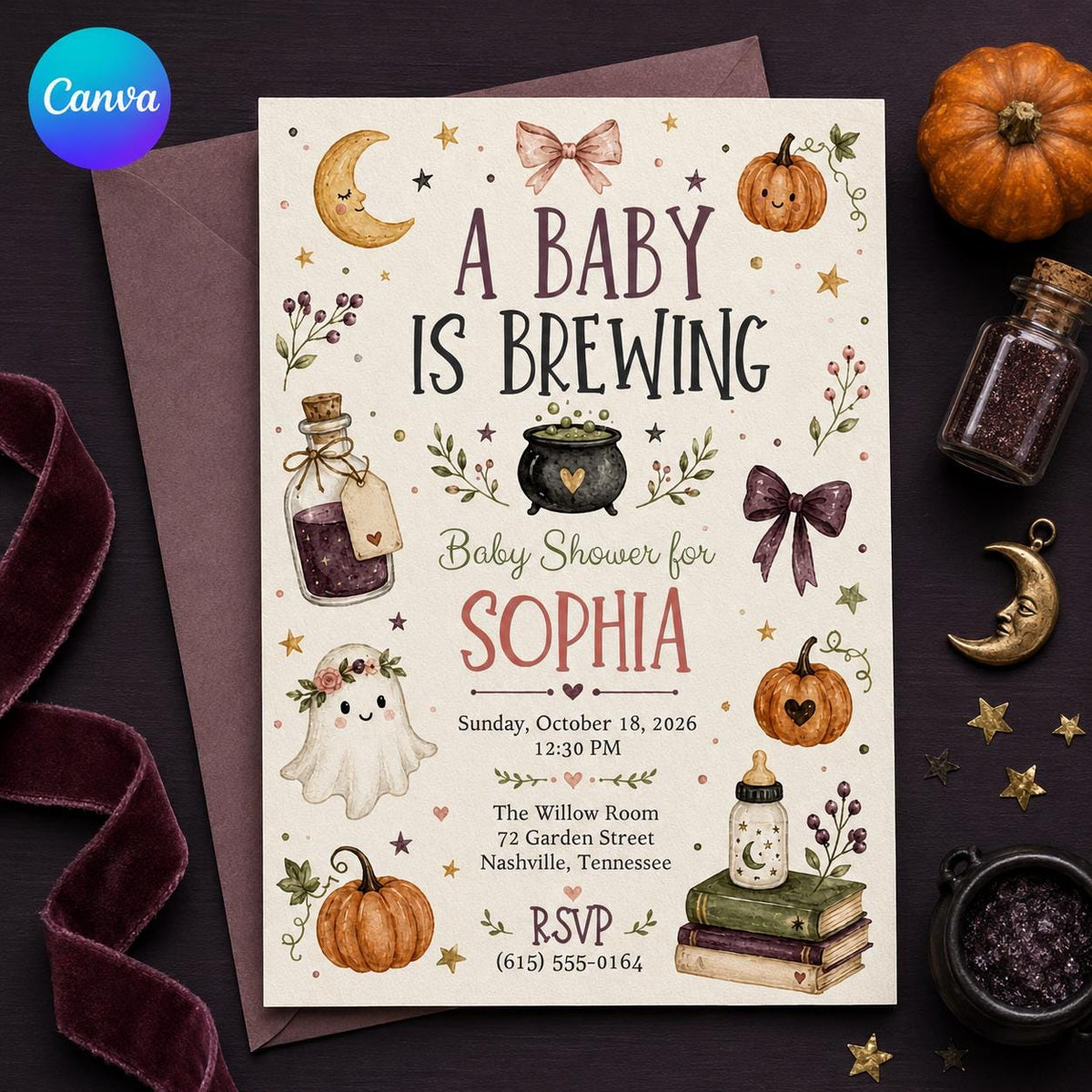 Pumpkin Halloween Baby Shower Invitation: A Baby Is Brewing Witch Pumpkin Girl Shower — editable Canva template