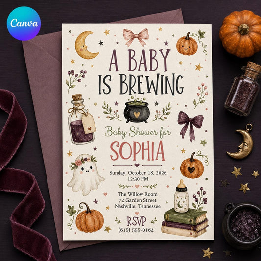 Pumpkin Halloween Baby Shower Invitation: A Baby Is Brewing Witch Pumpkin Girl Shower — editable Canva template