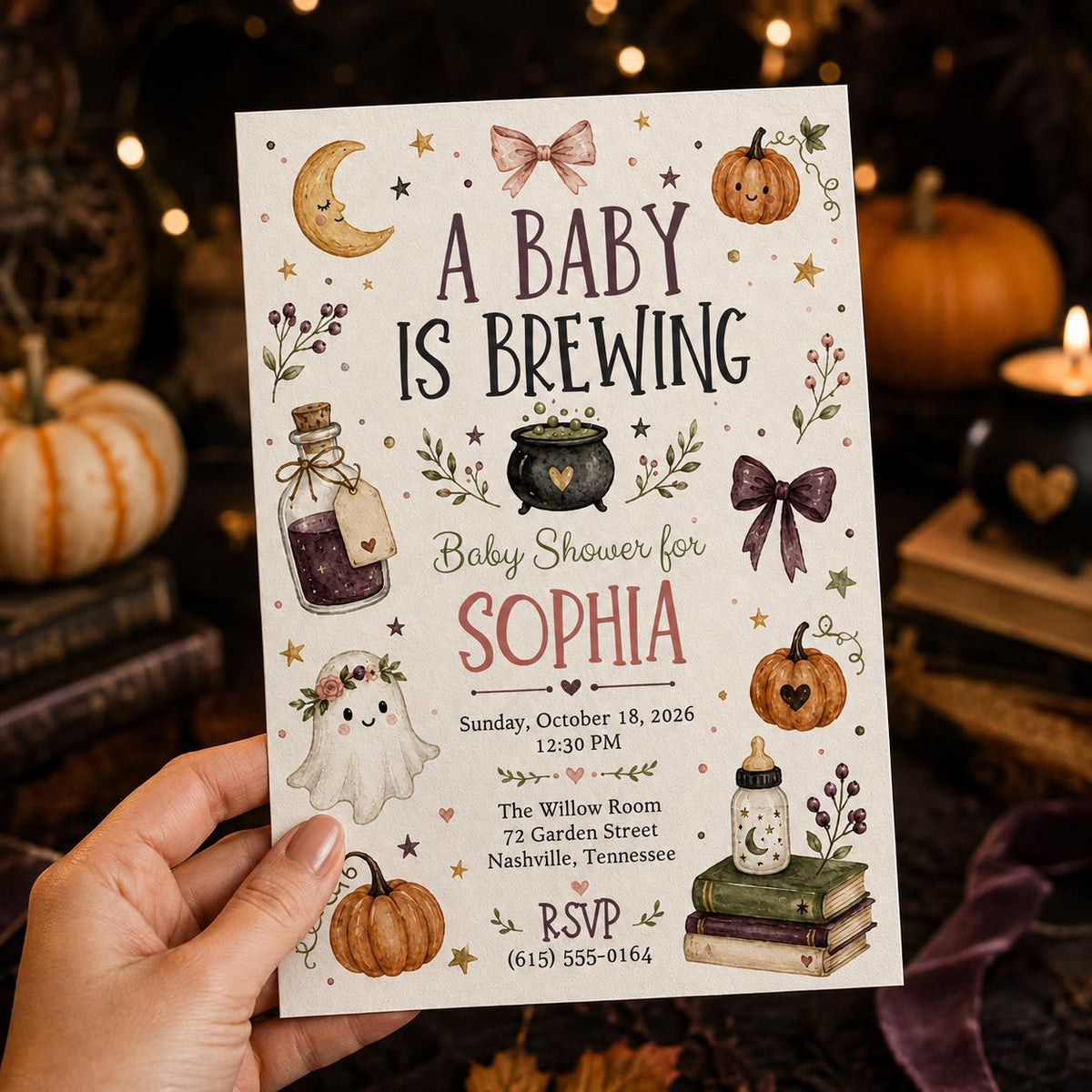 Pumpkin Halloween Baby Shower Invitation: A Baby Is Brewing Witch Pumpkin Girl Shower — invitation you personalize in Canva