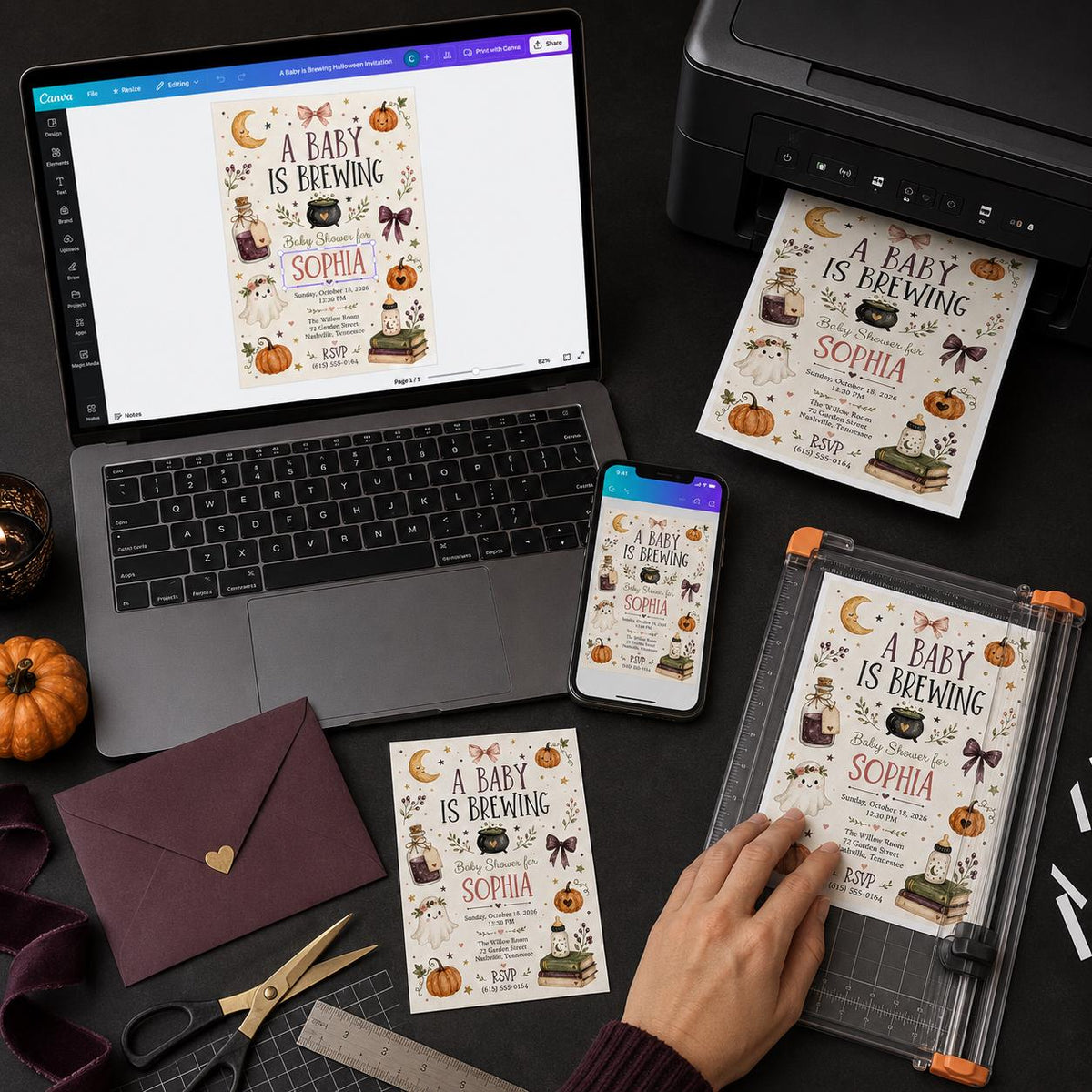Pumpkin Halloween Baby Shower Invitation: A Baby Is Brewing Witch Pumpkin Girl Shower — print-ready baby shower design
