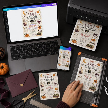 Pumpkin Halloween Baby Shower Invitation: A Baby Is Brewing Witch Pumpkin Girl Shower — print-ready baby shower design